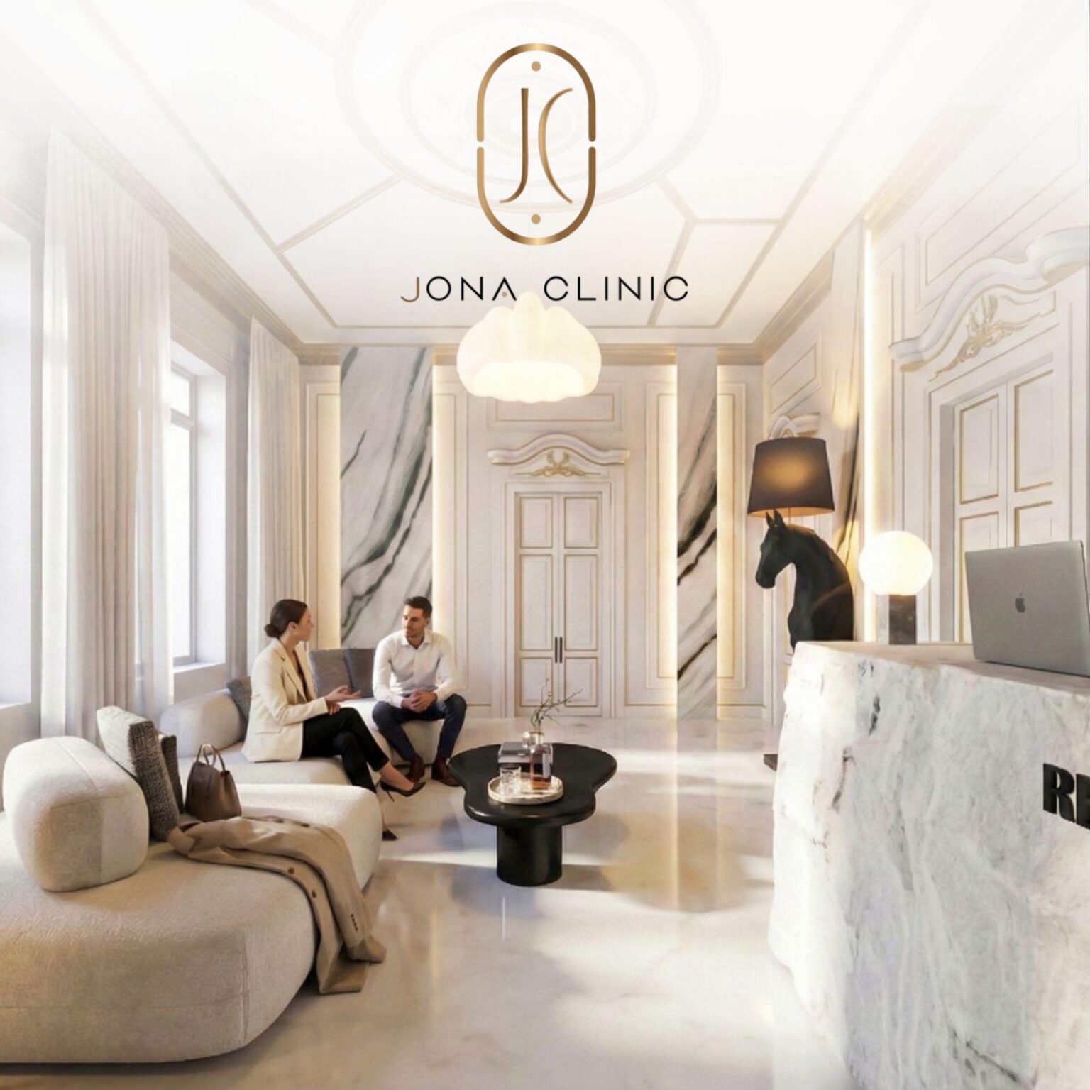 Luxurious white marble clinic lobby with two people seated on a sofa, chatting under the JONA CLINIC logo.