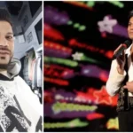 Collage showing a man: left selfie in a clothing store wearing a white-and-black graphic hoodie; right on stage singing in a white shirt with an embroidered vest, holding a microphone.