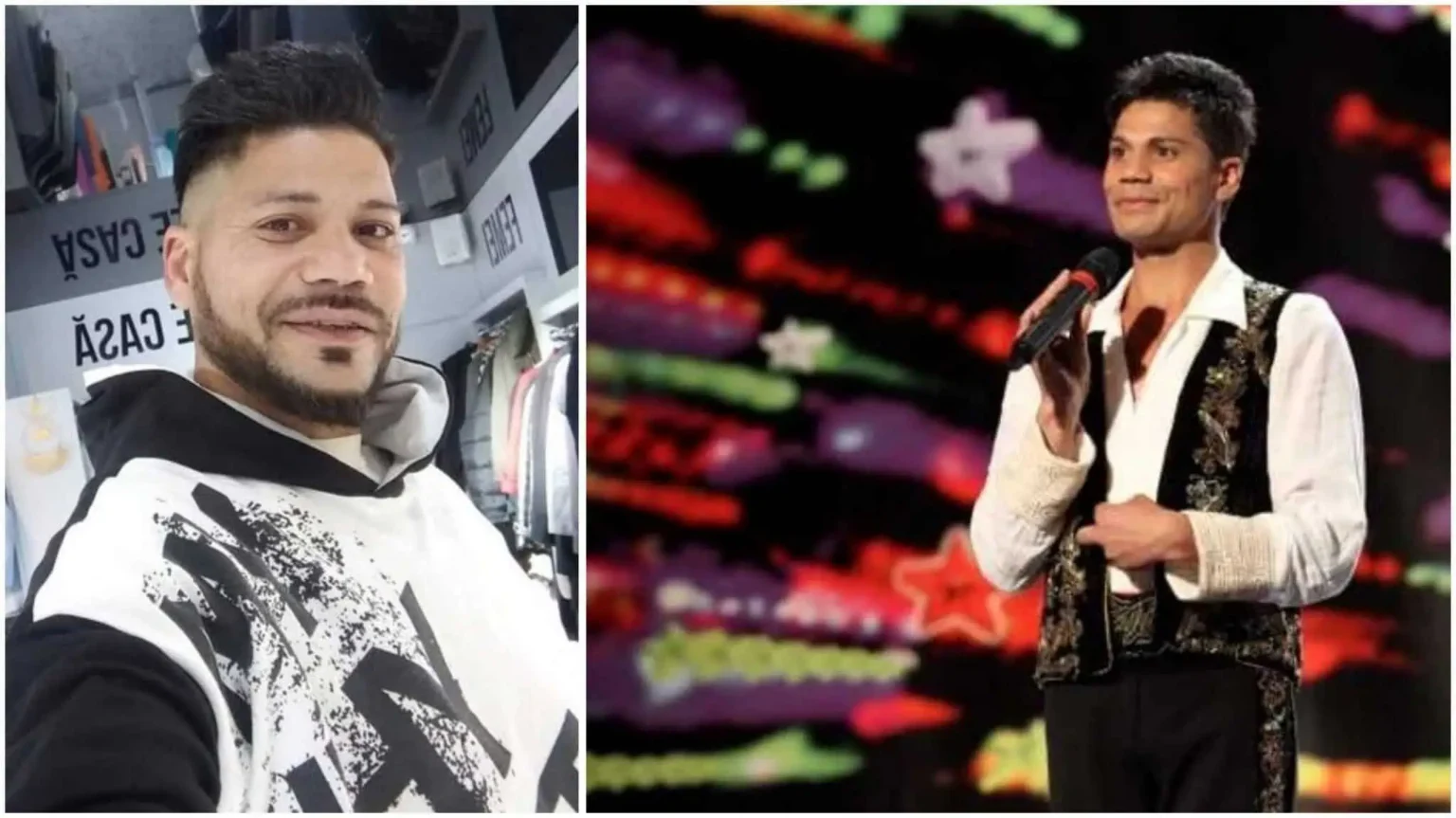 lucian isar - Jurnalul Olteniei – Știri din Craiova și Oltenia Collage showing a man: left selfie in a clothing store wearing a white-and-black graphic hoodie; right on stage singing in a white shirt with an embroidered vest, holding a microphone.