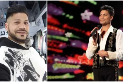 Collage showing a man: left selfie in a clothing store wearing a white-and-black graphic hoodie; right on stage singing in a white shirt with an embroidered vest, holding a microphone.