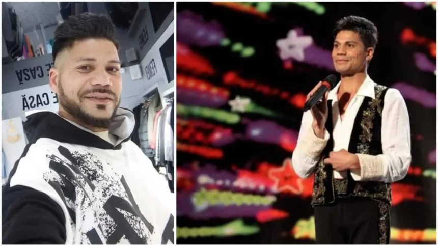 Collage showing a man: left selfie in a clothing store wearing a white-and-black graphic hoodie; right on stage singing in a white shirt with an embroidered vest, holding a microphone.