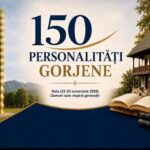 Banner announcing the 150 Personalități Gorjene gala, with dates and sponsor text; features a book, ink bottle, and a rustic house scene.