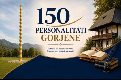 Banner announcing the 150 Personalități Gorjene gala, with dates and sponsor text; features a book, ink bottle, and a rustic house scene.