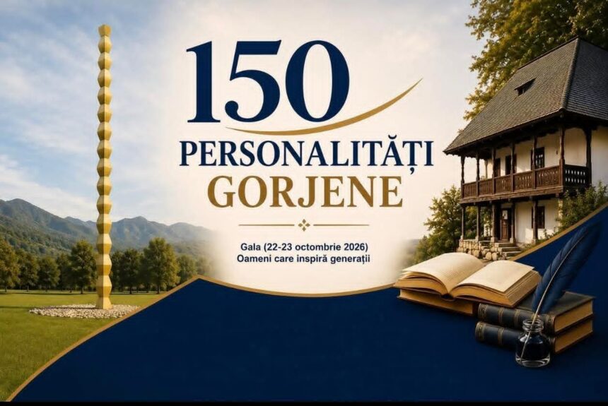 Banner announcing the 150 Personalități Gorjene gala, with dates and sponsor text; features a book, ink bottle, and a rustic house scene.