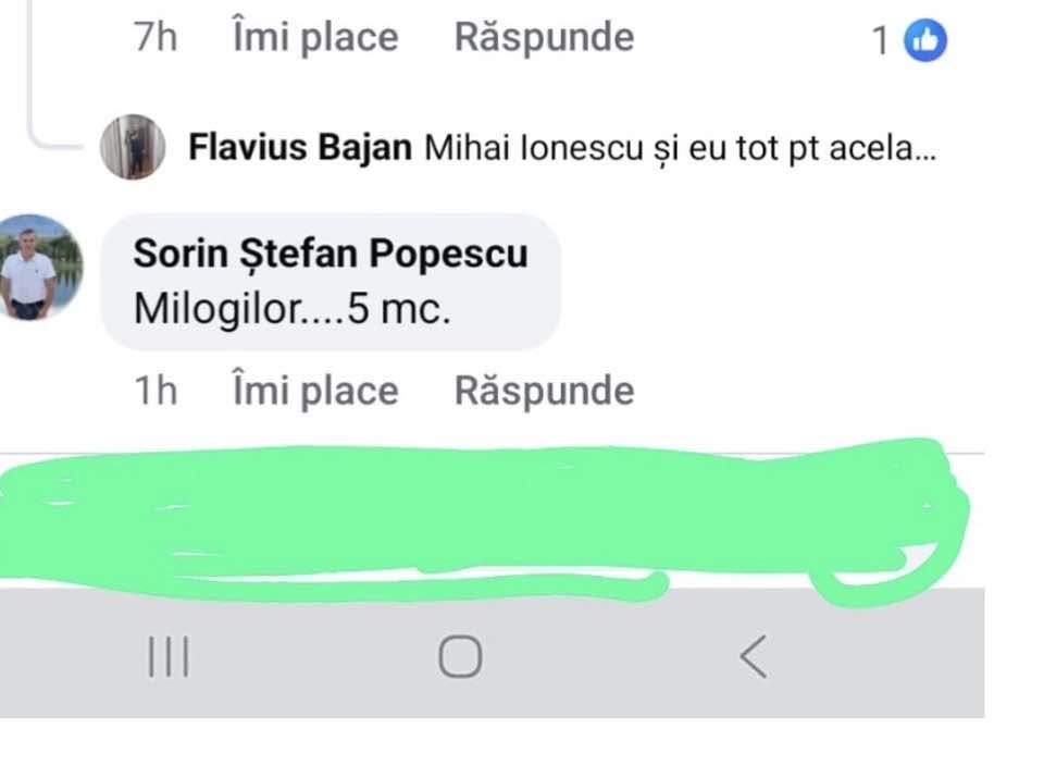 popescu milogi 5 mc 719032696_27142641688724546_9008316353768954903_n - Jurnalul Olteniei – Știri din Craiova și Oltenia Facebook-style comment thread with two Romanian comments; one mentions 'Milogilor….5 mc.' The bottom portion is bright green scribbled over.