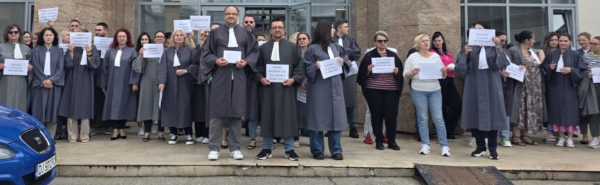 Group of people in dark legal robes stand on steps outside a stone building, holding signs