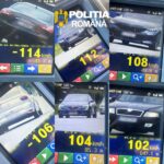 Collage showing car speed readings from a police dashboard, speeds around 100–114 km/h with Romanian Police emblem overlaid in the center.