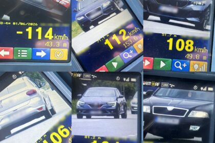 Collage showing car speed readings from a police dashboard, speeds around 100–114 km/h with Romanian Police emblem overlaid in the center.