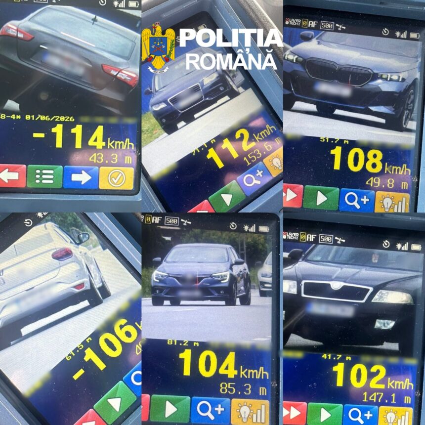 Collage showing car speed readings from a police dashboard, speeds around 100–114 km/h with Romanian Police emblem overlaid in the center.