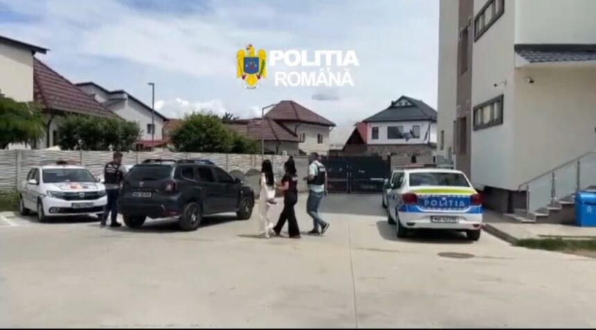 Group of people walking past parked police cars in a residential area; 'Poliția Română' watermark in the sky above.