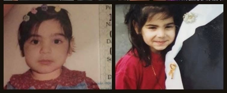 stanciu copil adoptat down - Jurnalul Olteniei – Știri din Craiova și Oltenia Two side-by-side childhood photos of a girl with dark hair; left image shows a young girl in a red dress with flower clips, right image shows her in a red top beside a person wearing white.