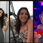 Triptych of a woman in three photos: mirror selfie in a gray dress, smiling on a dock in a snakeskin top, and in a club holding a red cocktail.
