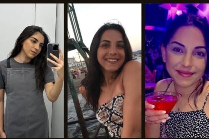 Triptych of a woman in three photos: mirror selfie in a gray dress, smiling on a dock in a snakeskin top, and in a club holding a red cocktail.