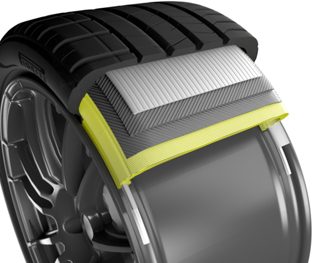 Cutaway view of a tire showing tread, belts, and inner construction layers.