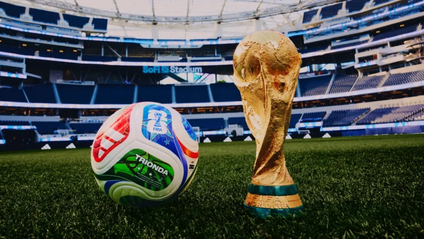Soccer ball beside a golden FIFA World Cup trophy on a green stadium field with empty blue seats in the background (SoFi Stadium).