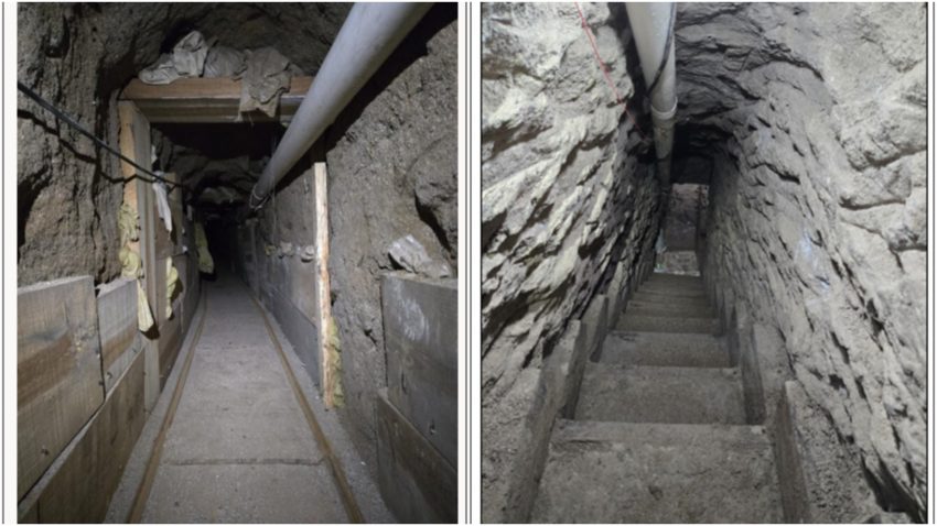 Underground tunnel with a concrete floor, wooden supports, and a pipe running overhead inside a narrow rock shaft (left). The right shows a rocky stairwell descending between rough stone walls with a pipe along the ceiling.