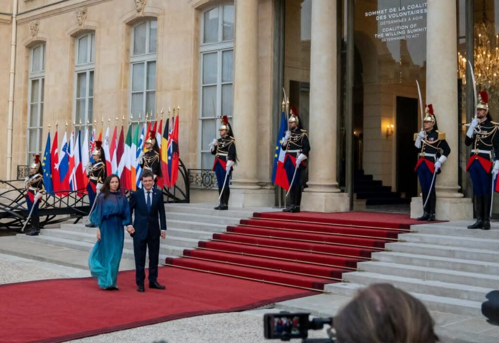 A formally dressed couple walks hand in hand down a red carpet along the steps of a grand building, flanked by ceremonial guards with flags.