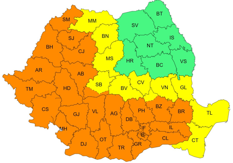 Map of Hungary showing counties with color-coded regions: orange, yellow, and green indicating different zones across the country; orange covers western and southern counties, yellow central/eastern, and green northern regions.