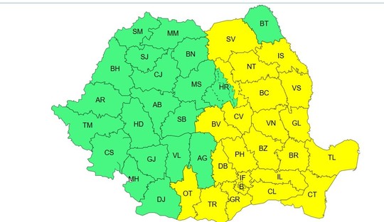 - Jurnalul Olteniei – Știri din Craiova și Oltenia Map of Romania showing counties color-coded: green regions mostly in the west and central areas, and yellow regions in the east and southeast; counties labeled with two-letter abbreviations.
