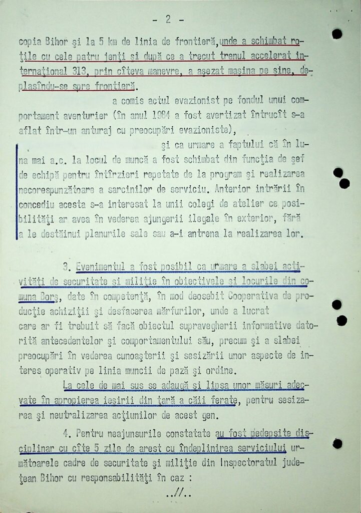 - Jurnalul Olteniei – Știri din Craiova și Oltenia Page 2 of a typewritten Romanian document with red underlines marking key phrases. Includes margin holes on the right edge and dense text about frontier evasionists.