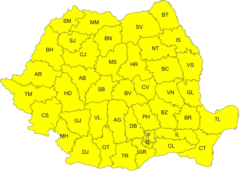 Political map of Romania with counties outlined in black on a yellow background, each county labeled with a two-letter abbreviation.