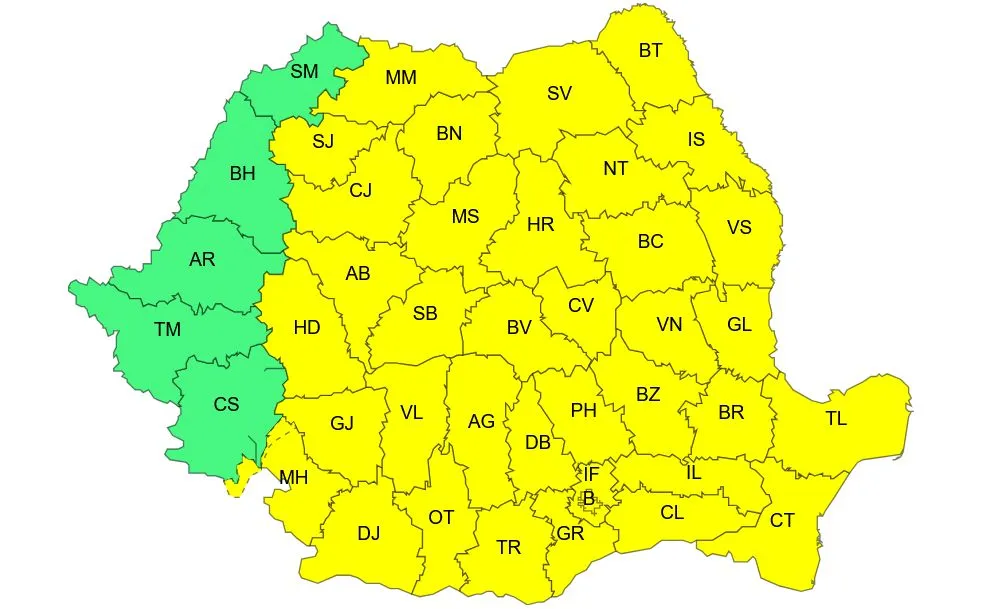Color-coded map of Romania's counties with green western region and yellow elsewhere; counties labeled with two-letter codes as identifiers.