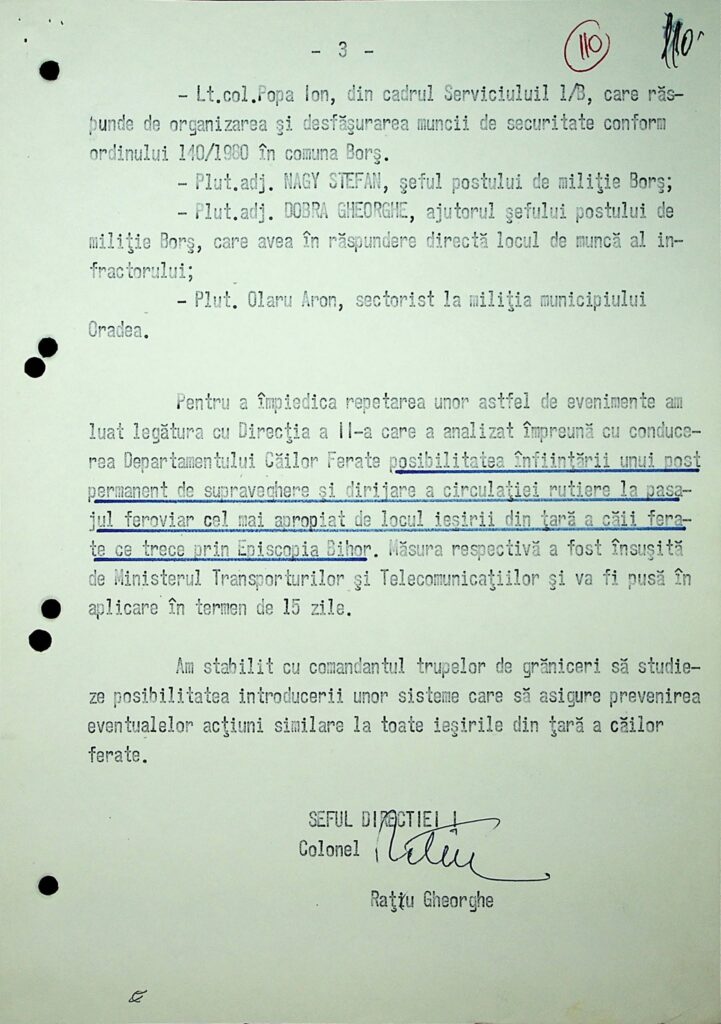 - Jurnalul Olteniei – Știri din Craiova și Oltenia Typewritten Romanian document page with punch-hole holes on left; shows list of names and positions in military/municipal security, with blue underlined passages and a red circular stamp reading '110' at top-right; includes signatures at bottom.