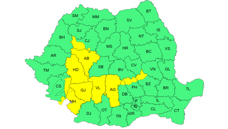 - Jurnalul Olteniei – Știri din Craiova și Oltenia Color-coded map of Romania's counties: most regions are green, with a central–south cluster highlighted in yellow (e.g., Alba, Hunedoara, Gorj, Vâlcea, Argeș, Dâmbovița, Prahova and surrounding counties).
