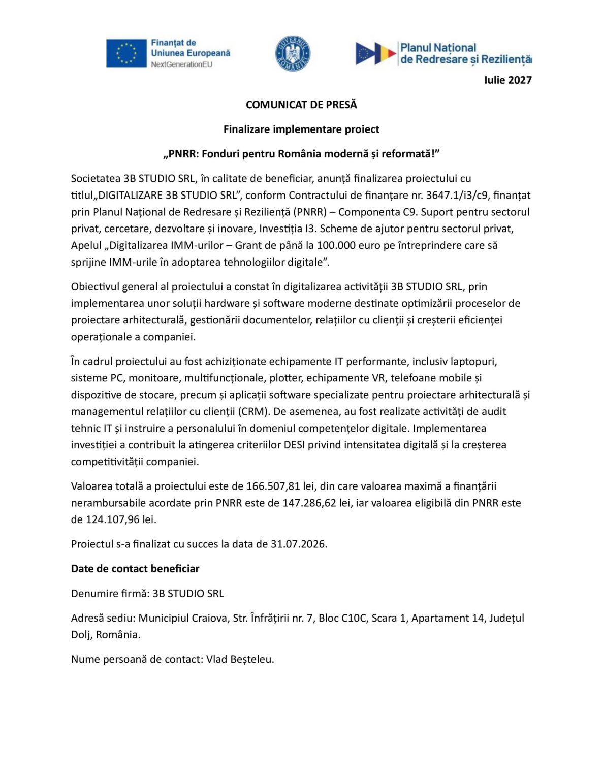 Romanian press release header with logos and bold title 'COMUNICAT DE PRESĂ' announcing finalization of the project 'PNRR: Fonduri pentru România modernă și reformată'