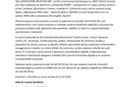 Romanian press release header with logos and bold title 'COMUNICAT DE PRESĂ' announcing finalization of the project 'PNRR: Fonduri pentru România modernă și reformată'