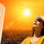 A woman shields her forehead from a strong sun in a hot urban heatwave, with a large wooden thermometer showing high temperatures nearby.