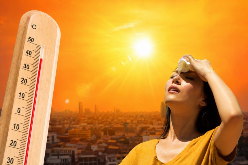 A woman shields her forehead from a strong sun in a hot urban heatwave, with a large wooden thermometer showing high temperatures nearby.