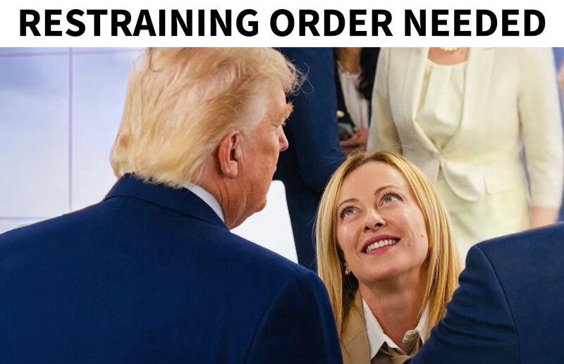 - Jurnalul Olteniei – Știri din Craiova și Oltenia Meme-style image with the bold headline 'RESTRAINING ORDER NEEDED' showing a smiling woman looking up at a man in a dark suit in a crowded setting.
