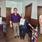 Collage of three seniors posing in an office, each holding a diploma certificate. White walls and wood floors with brown doors in the background.