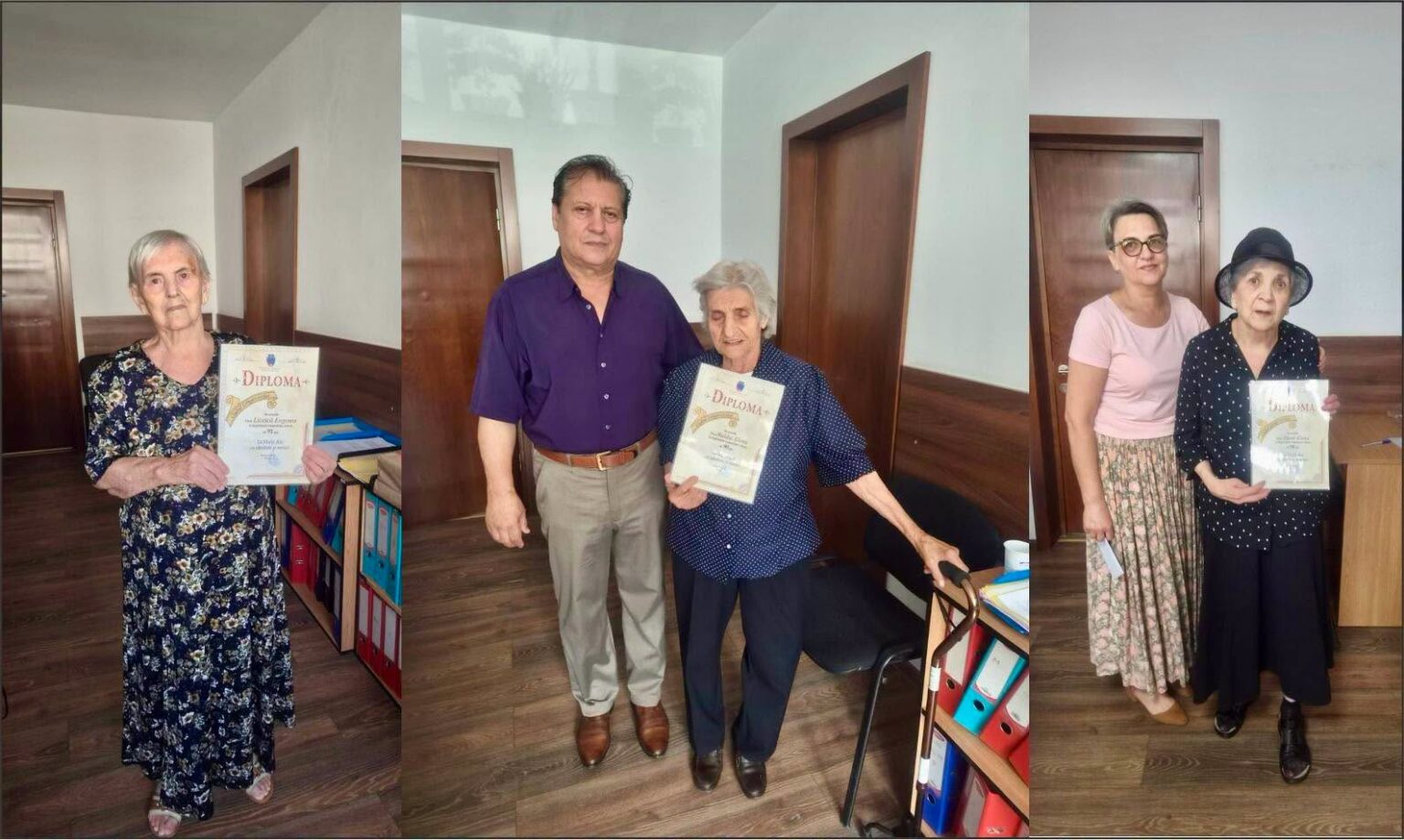 Collage of three seniors posing in an office, each holding a diploma certificate. White walls and wood floors with brown doors in the background.