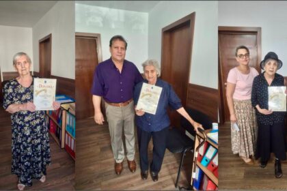 Collage of three seniors posing in an office, each holding a diploma certificate. White walls and wood floors with brown doors in the background.