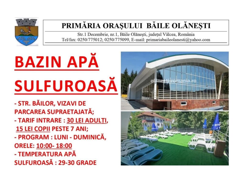 Bazinul cu apă sulfuroasă din Olănești, redeschis - Jurnalul Olteniei – Știri din Craiova și Oltenia Bazinul cu apă sulfuroasă din Olănești, redeschis