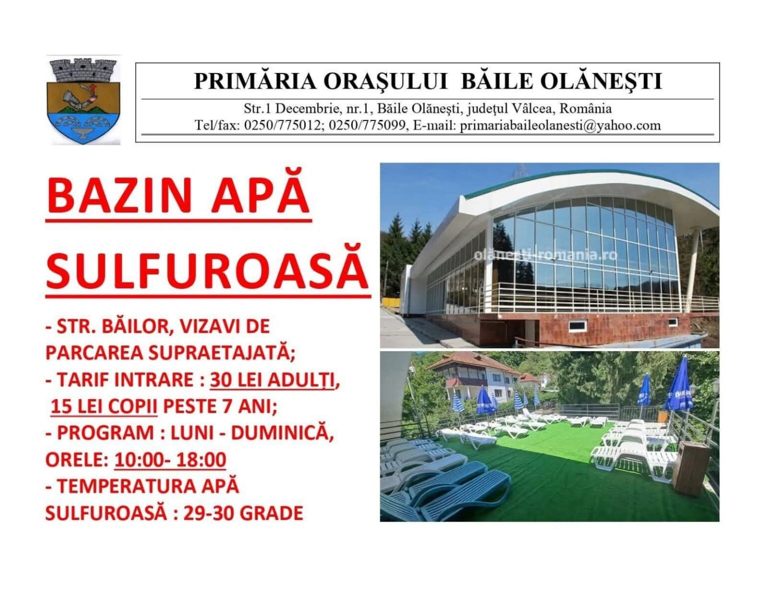 Bazinul cu apă sulfuroasă din Olănești, redeschis - Jurnalul Olteniei – Știri din Craiova și Oltenia Bazinul cu apă sulfuroasă din Olănești, redeschis