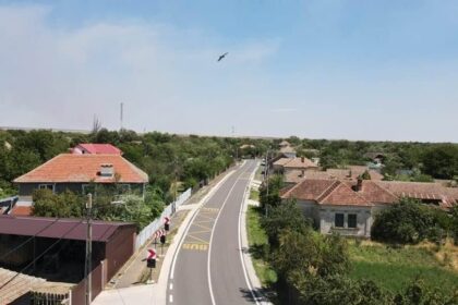 Curved rural street through a small village with red-tiled roofs, greenery, and a bird flying in a clear blue sky above.