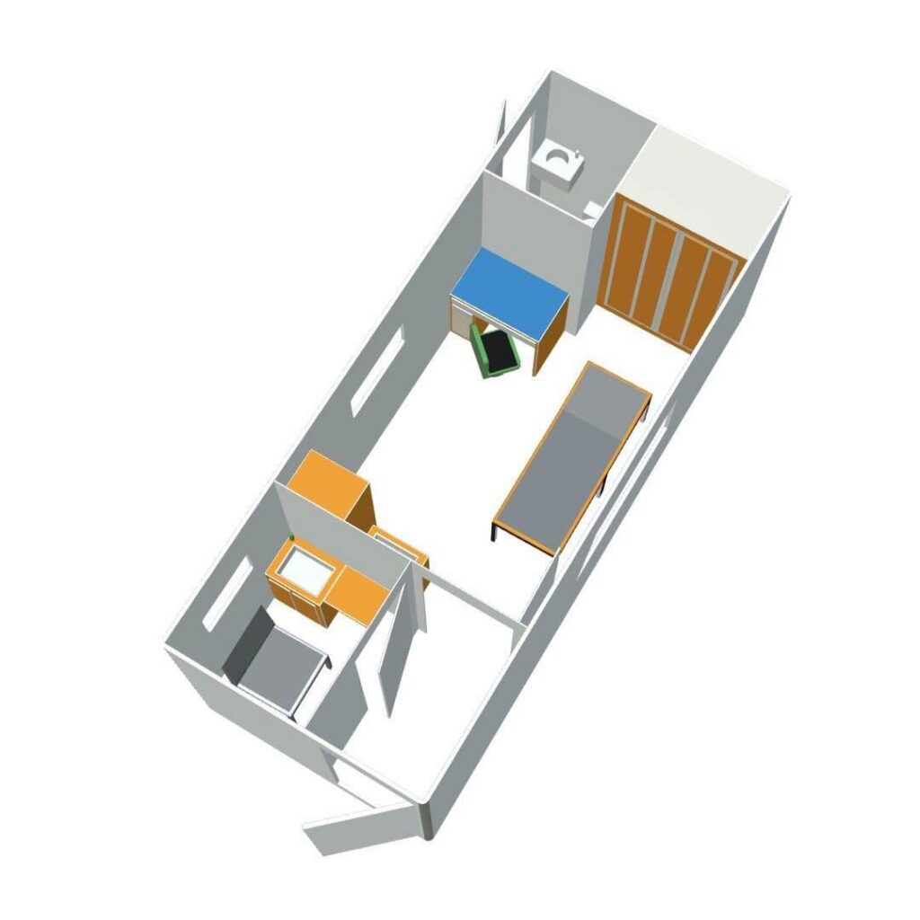 Isometric floor plan of a compact studio with a bed, desk, chair, wardrobe, and a small bathroom area nearby.