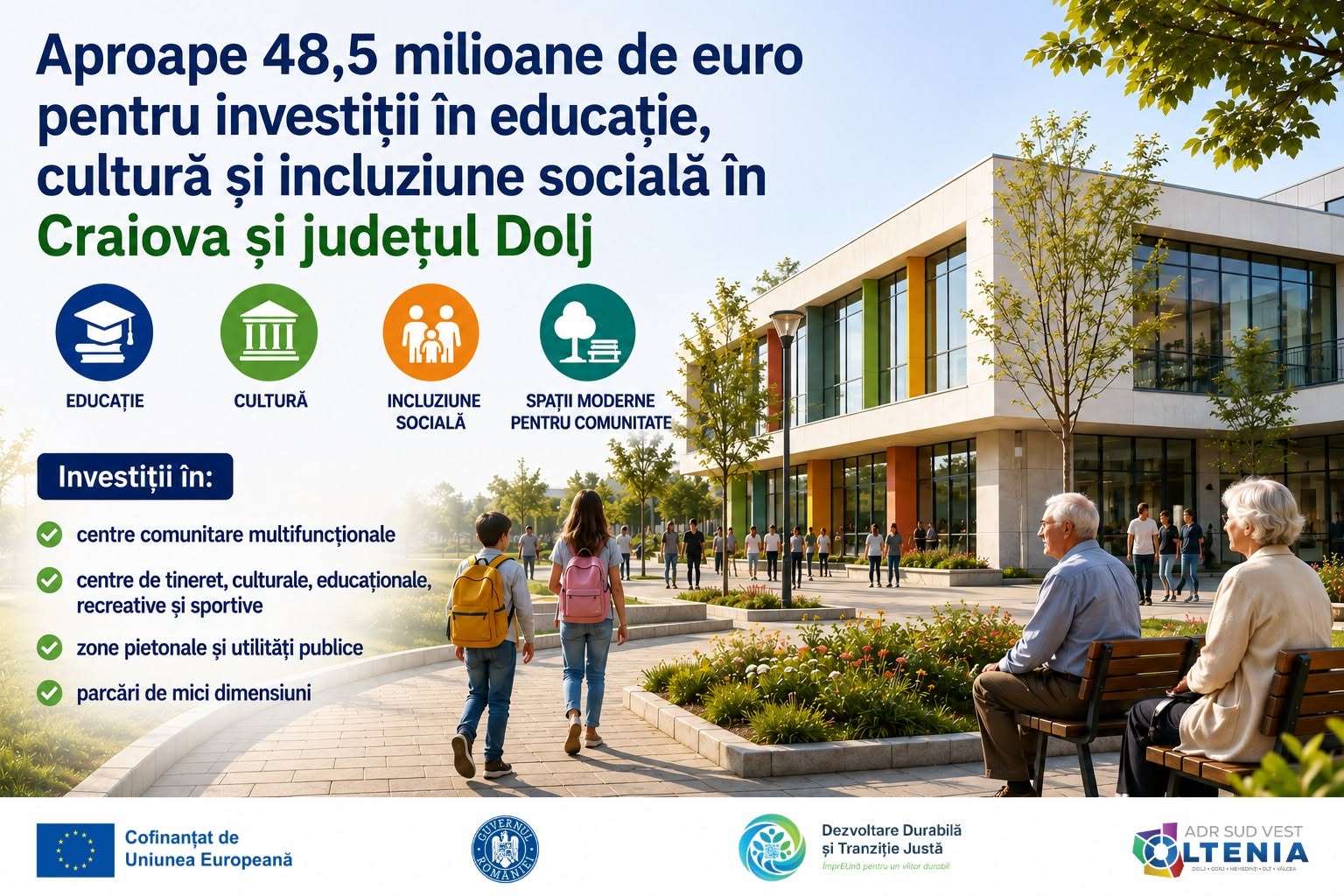 Fonduri europene pentru Craiova și Dolj: apel de aproape 48,5 milioane euro destinat investițiilor în educație, cultură și incluziune socială