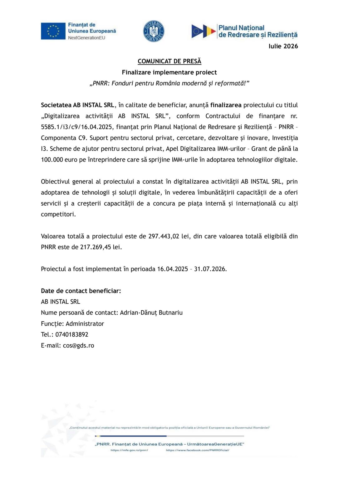 Press release page header for Romanian project finalization under PNRR funding, with logos and July 2026 date.