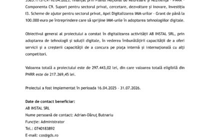 Press release page header for Romanian project finalization under PNRR funding, with logos and July 2026 date.
