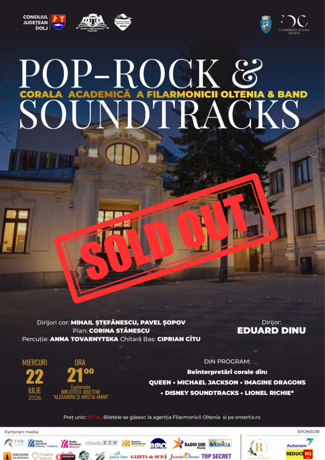 Afis 22 iulie 2026 FOC - Jurnalul Olteniei – Știri din Craiova și Oltenia Poster for Pop-Rock & Soundtracks concert with 'Sold Out' stamp across the image and event details at bottom (date, venue).