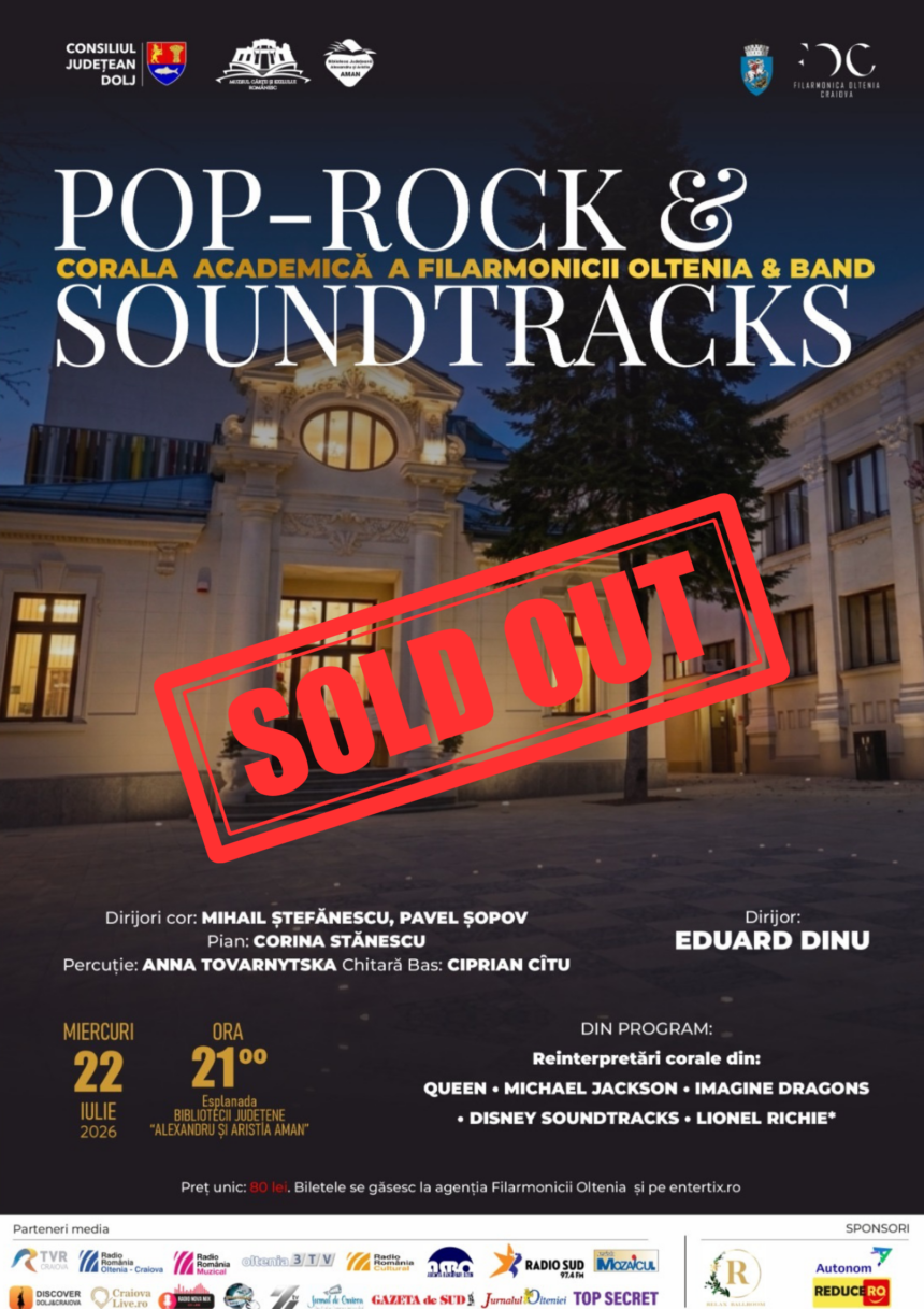 Poster for Pop-Rock & Soundtracks concert with 'Sold Out' stamp across the image and event details at bottom (date, venue).
