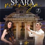 Poster de concert „Seară viselor” cu violonistă în stânga și dirijor în fața unei clădiri istorice, culori nocturne.