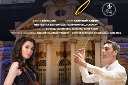 Poster de concert „Seară viselor” cu violonistă în stânga și dirijor în fața unei clădiri istorice, culori nocturne.