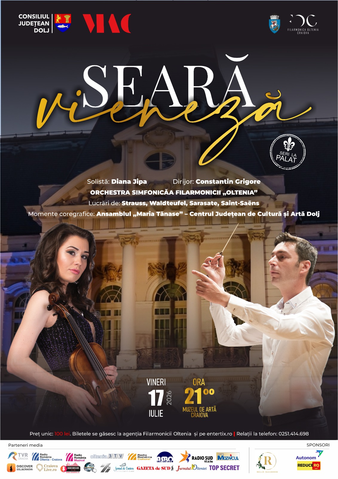 Poster de concert „Seară viselor” cu violonistă în stânga și dirijor în fața unei clădiri istorice, culori nocturne.