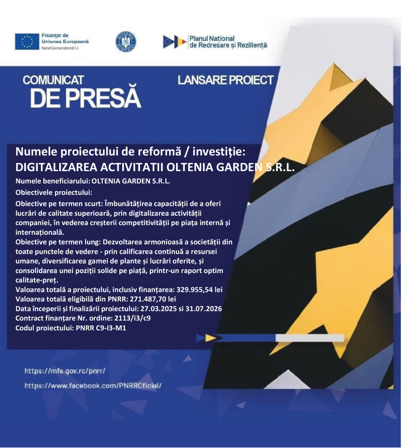 Anunut incepere proiect - OLTENIA GARDEN - Jurnalul Olteniei – Știri din Craiova și Oltenia Header for press release banner with Romanian project title and logos, blue background with geometric shapes and long Romanian text block below