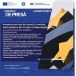 Header for press release banner with Romanian project title and logos, blue background with geometric shapes and long Romanian text block below